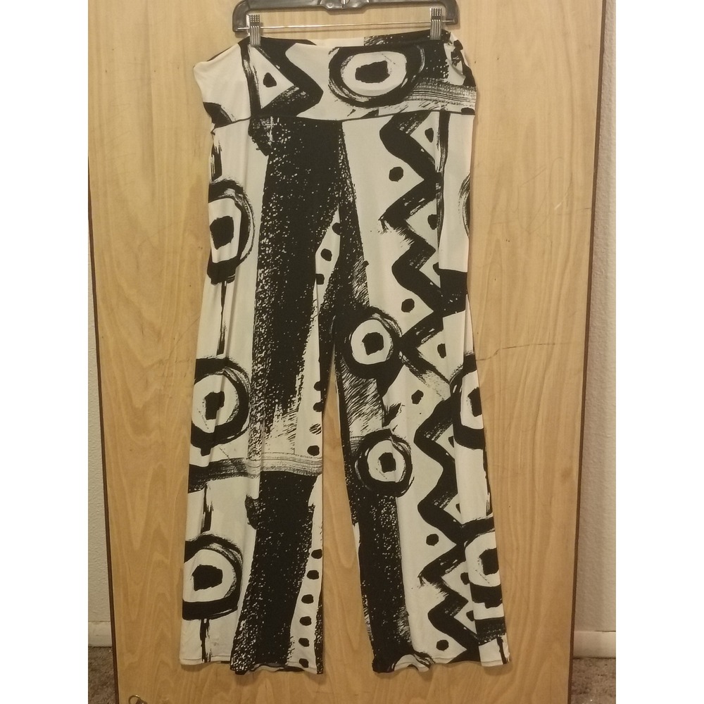 Eva Varro Black White Abstract Geometric Print Wide Leg Pull On Pants Large